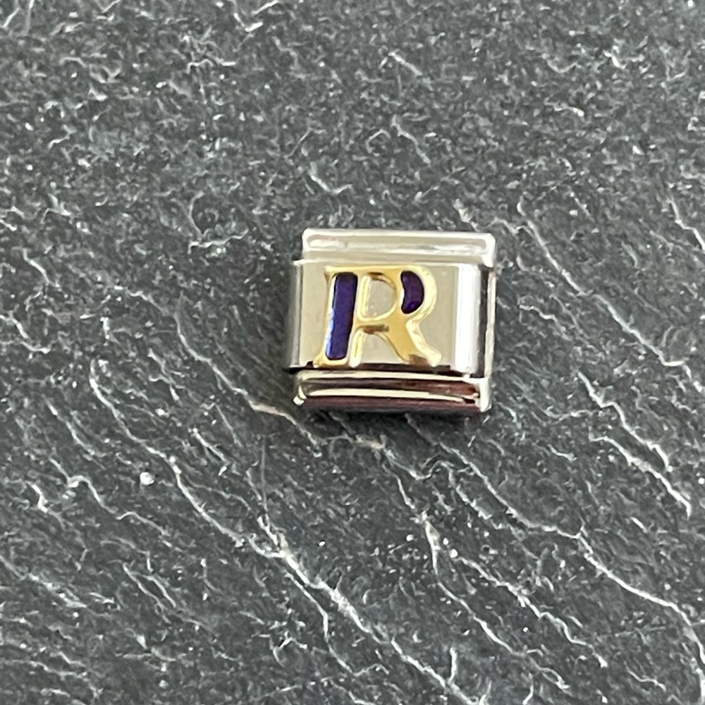 Zoppini Stainless Steel and Gold Blue Enameled Initial 'R' Charm